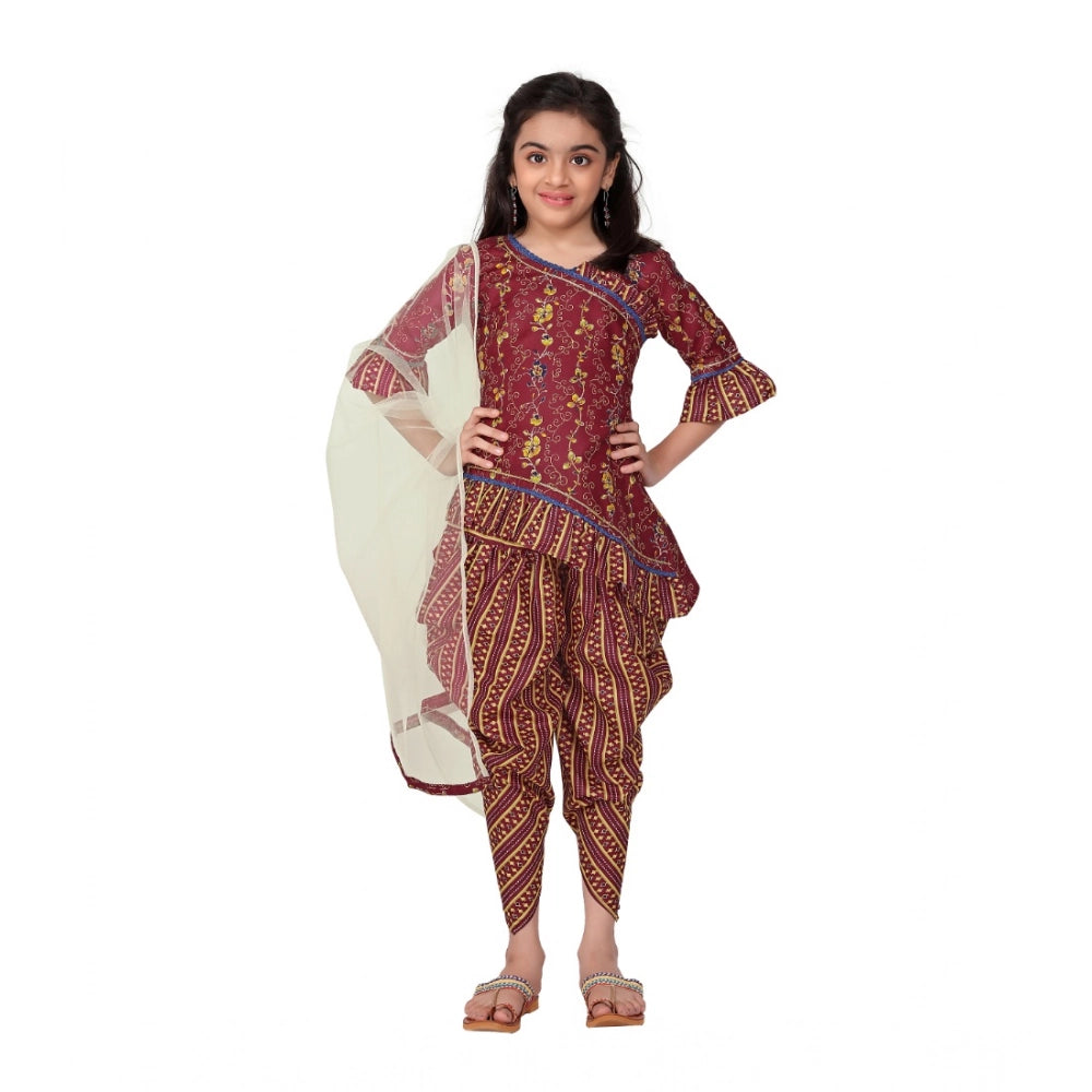Generic Girl's Cotton Printed Kurtis With Dhoti Dupatta Set (Maroon)