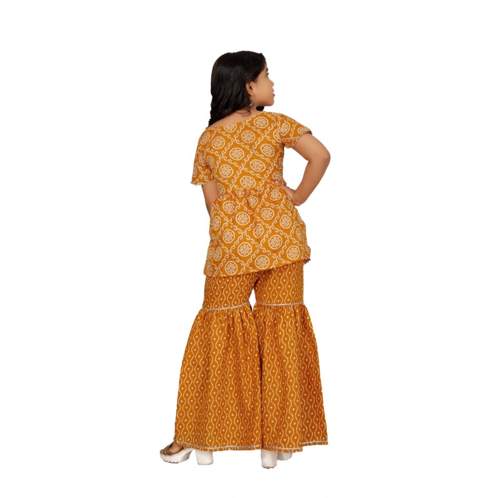 Generic Girl's Cotton Rayon Printed Top And Sharara Set (Mustard)