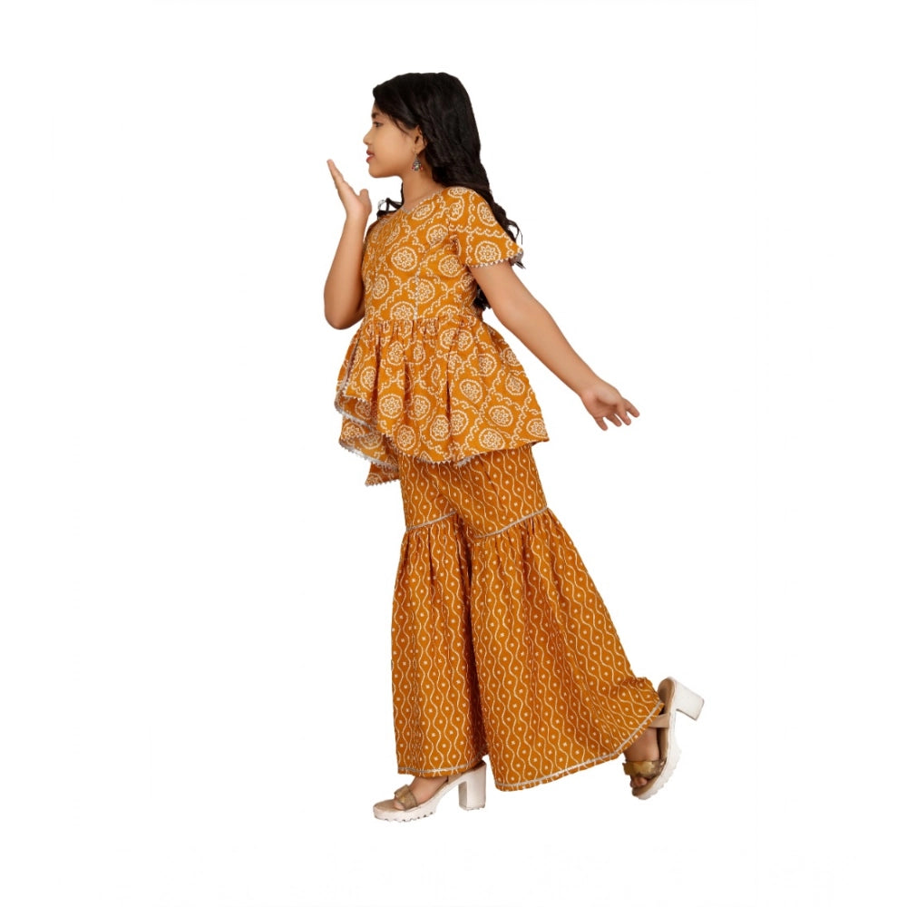 Generic Girl's Cotton Rayon Printed Top And Sharara Set (Mustard)