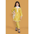 Generic Girl's Silk Blend Floral Prinded Shiffli Lace Salwar Kameez Dupatta Set (Yellow)