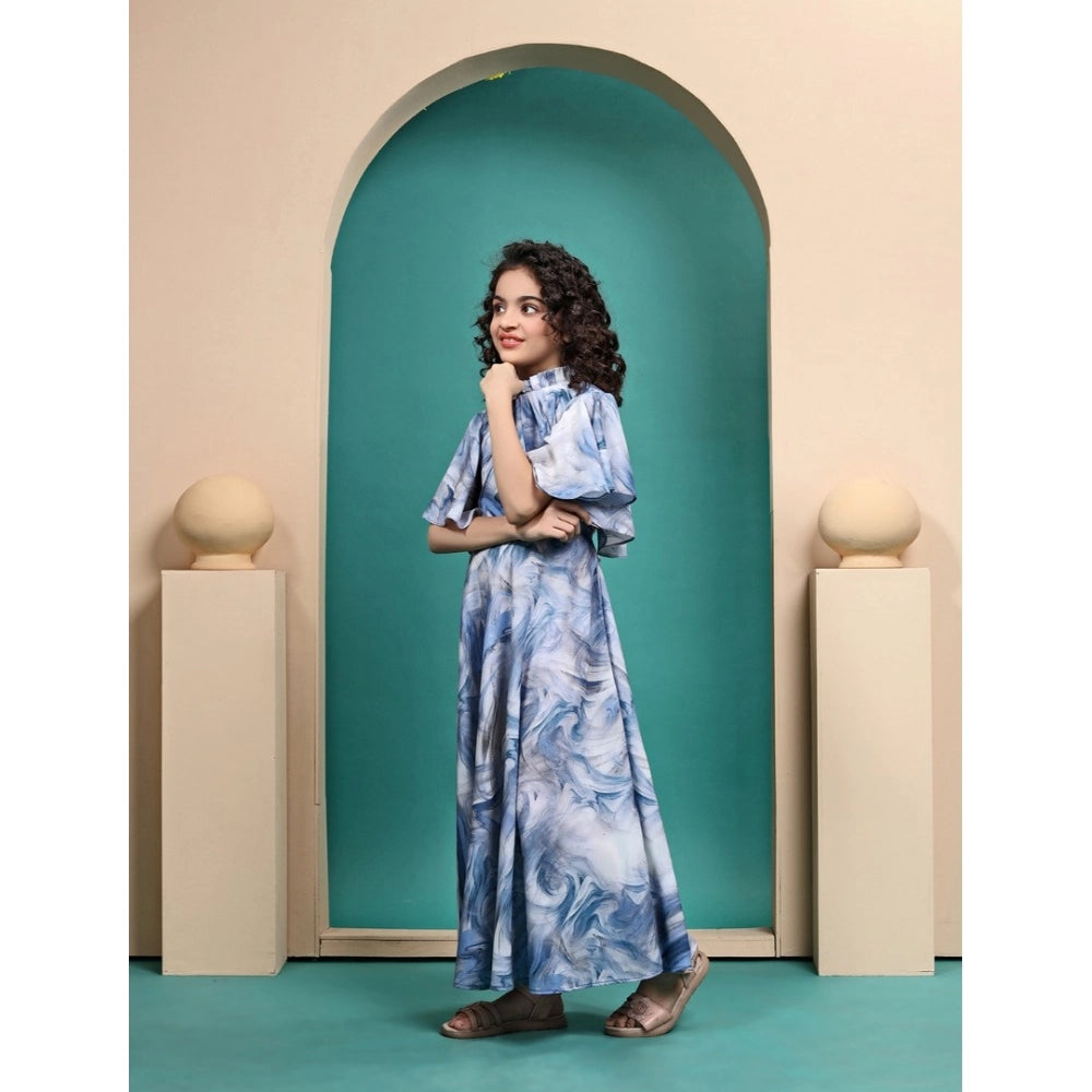 Generic Girl's Maslin Printed Maxi Length Dress (Sky Blue)