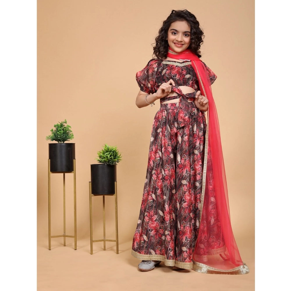 Generic Girl's Chiffon Printed Lehenga Choli Set (Maroon)