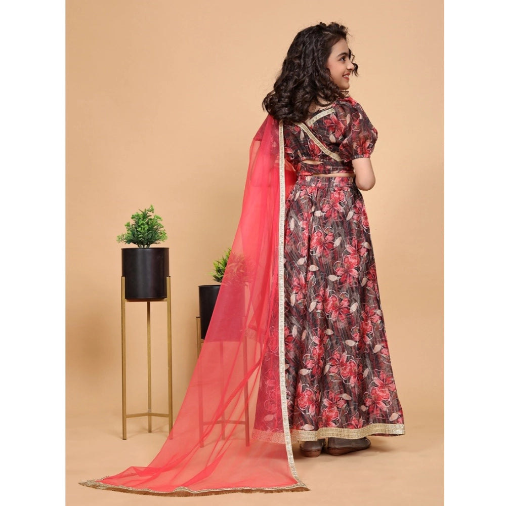Generic Girl's Chiffon Printed Lehenga Choli Set (Maroon)
