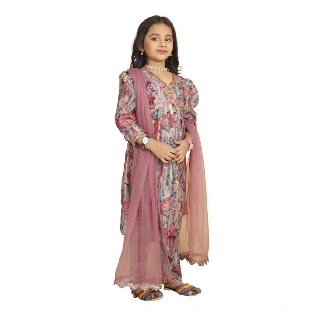 Generic Girl's Maslin Embrodrery Lace Aliya Cut Top With Bottom Dupatta Set (Multicolor)