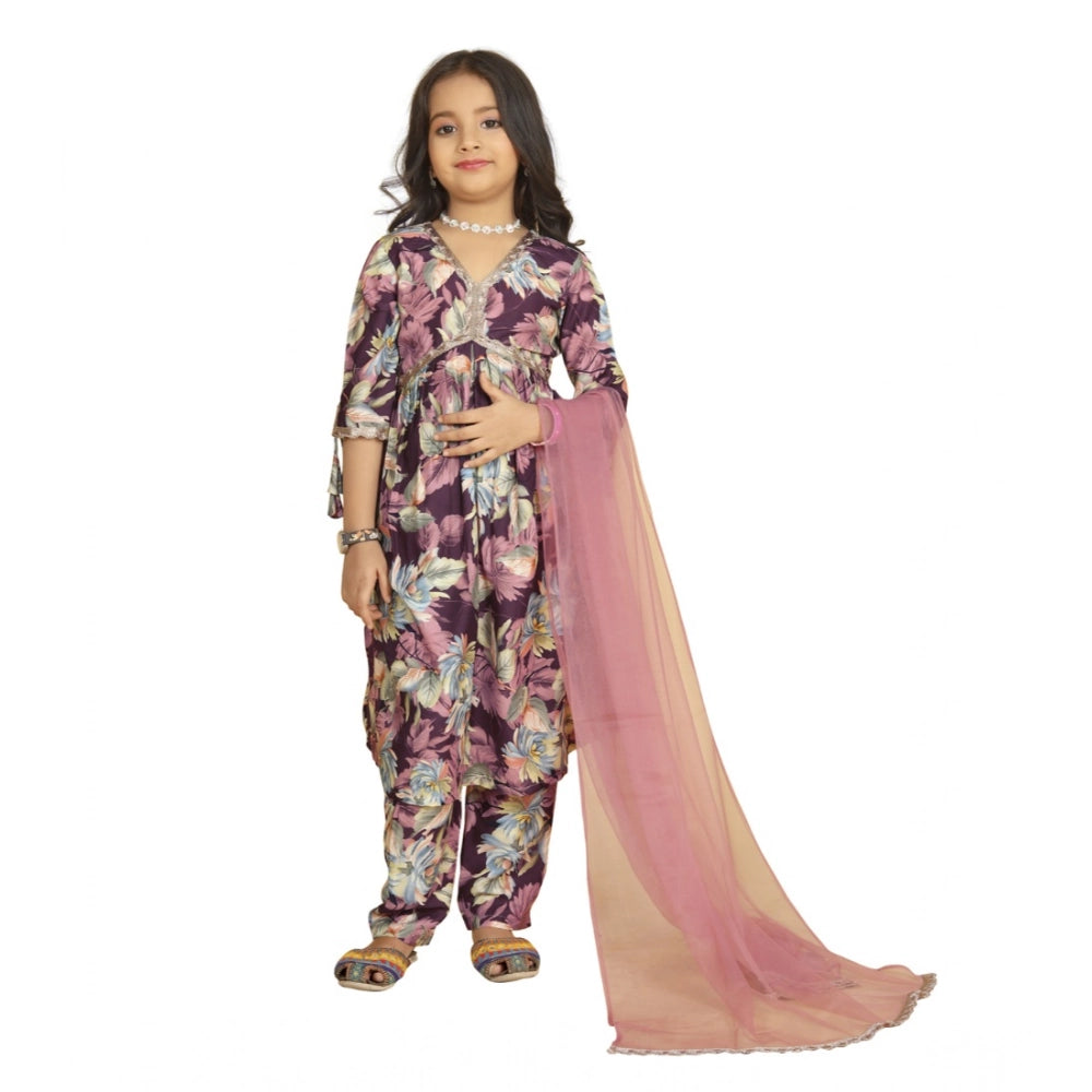 Generic Girl's Maslin Embrodrery Lace Aliya Cut Top With Bottom Dupatta Set (Purple)