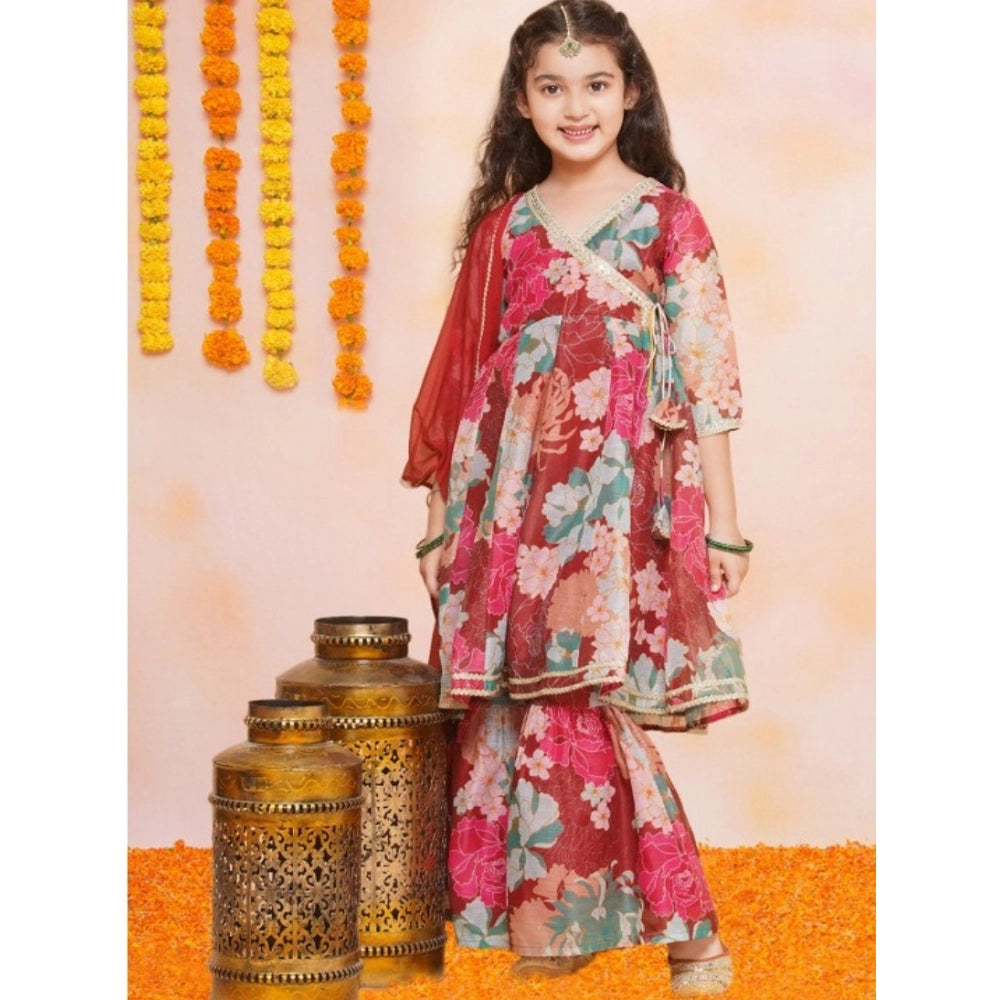 Generic Girl's Rayon Printed Codding Lace Anarkali-Style Suit (Maroon)
