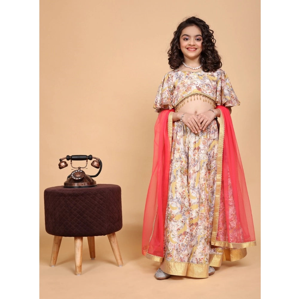 Generic Girl's Chiffon Printed Lehenga Choli Set (Beige)