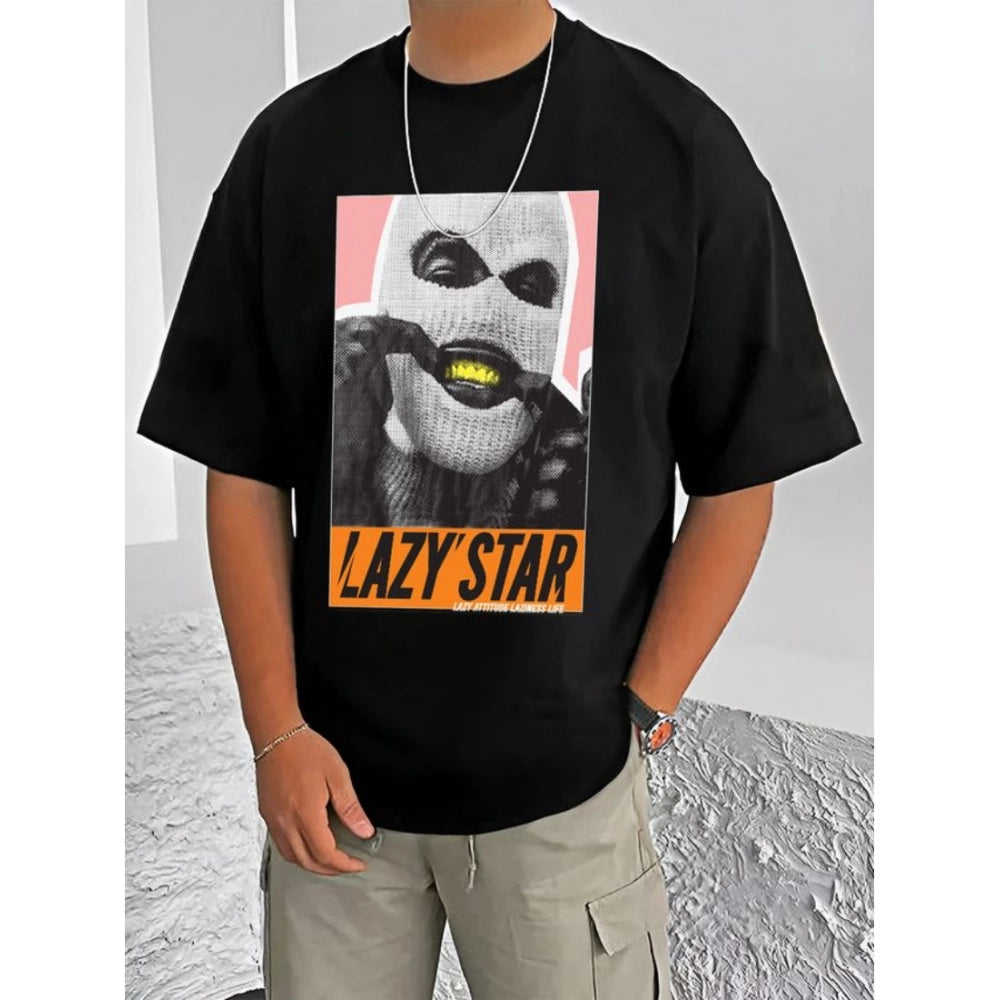 Generic Men's Casual Cotton Blend Printed Round Neck Half Sleeve T-Shirt (Black)