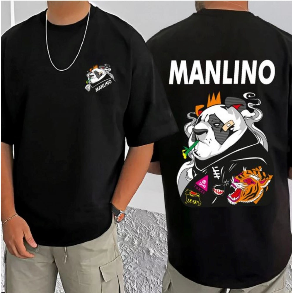 Generic Men's Casual Cotton Blend Printed Round Neck Half Sleeve T-Shirt (Black)