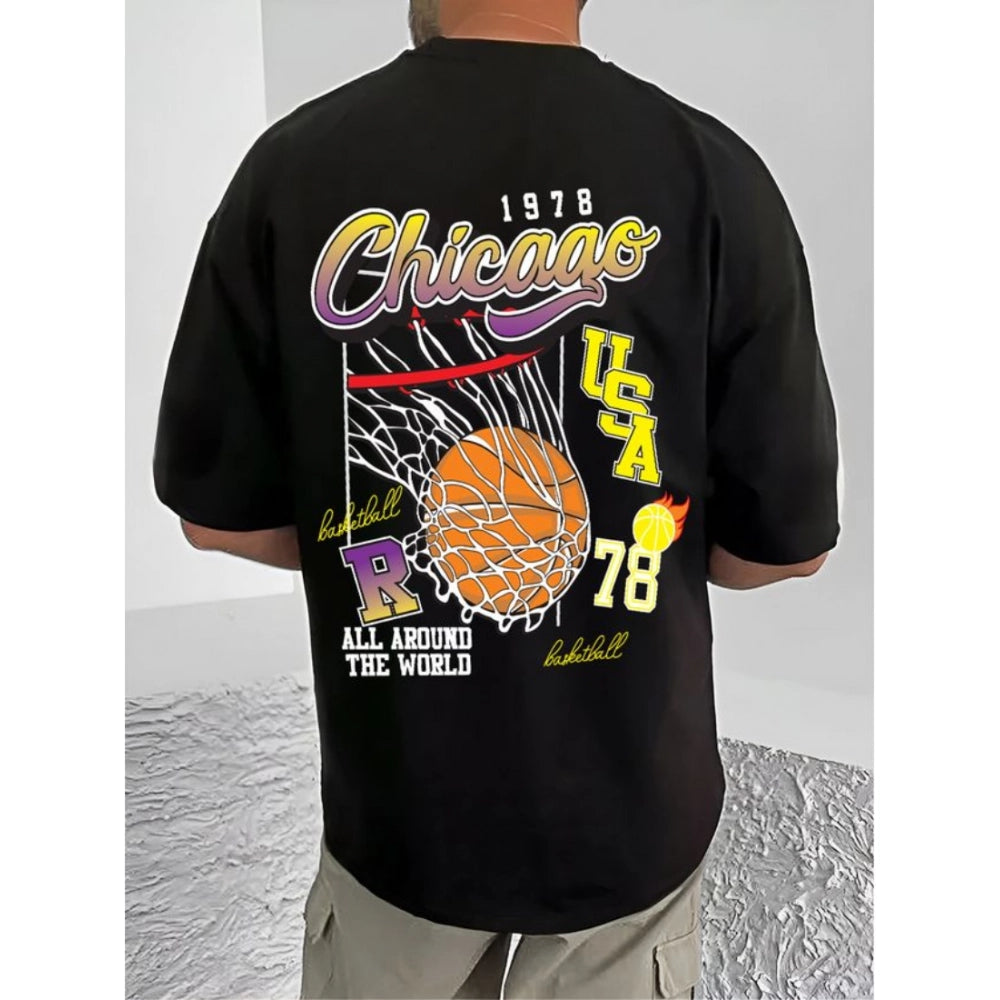 Generic Men's Casual Cotton Blend Printed Round Neck Half Sleeve T-Shirt (Black)