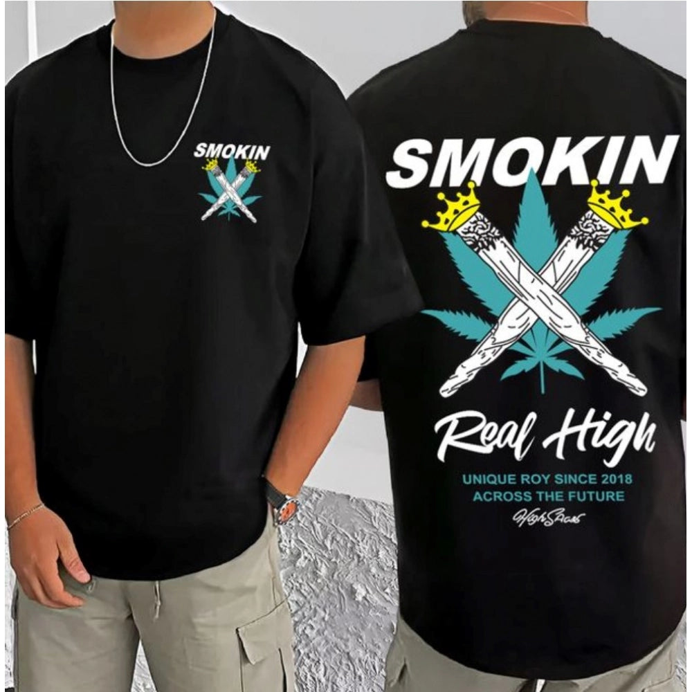 Generic Men's Casual Cotton Blend Printed Round Neck Half Sleeve T-Shirt (Black)