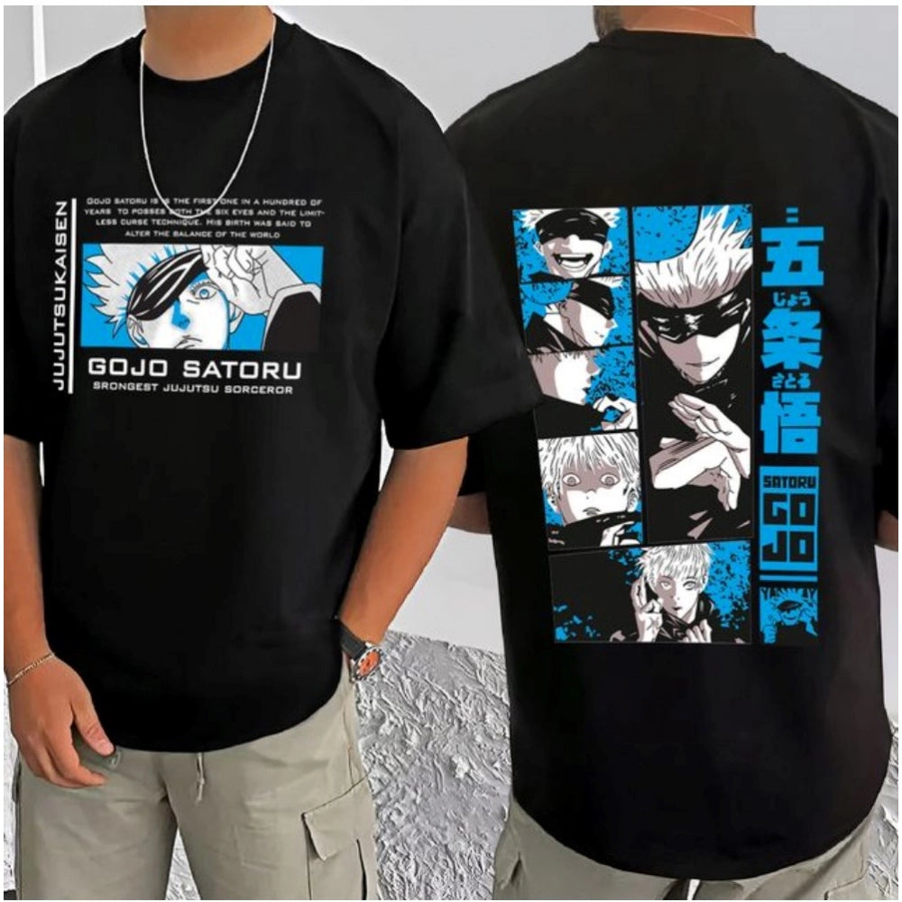 Generic Men's Casual Cotton Blend Printed Round Neck Half Sleeve T-Shirt (Black)