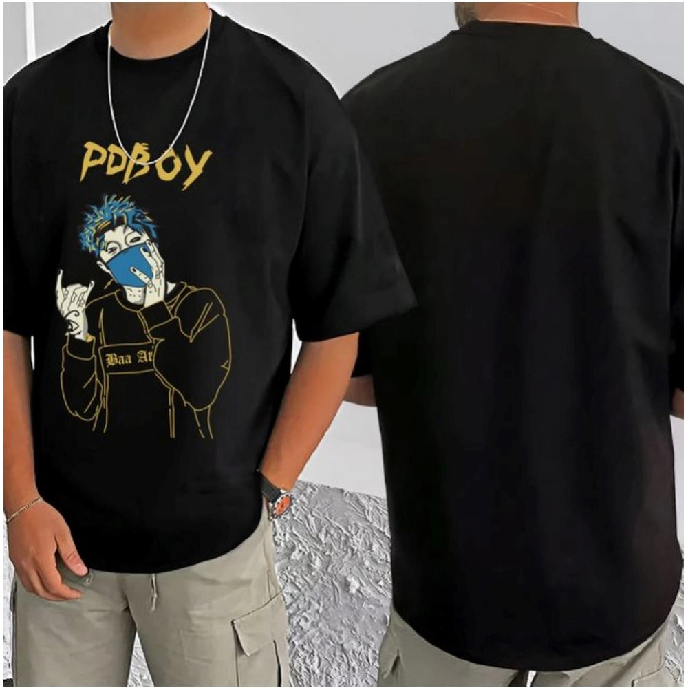 Generic Men's Casual Cotton Blend Printed Round Neck Half Sleeve T-Shirt (Black)