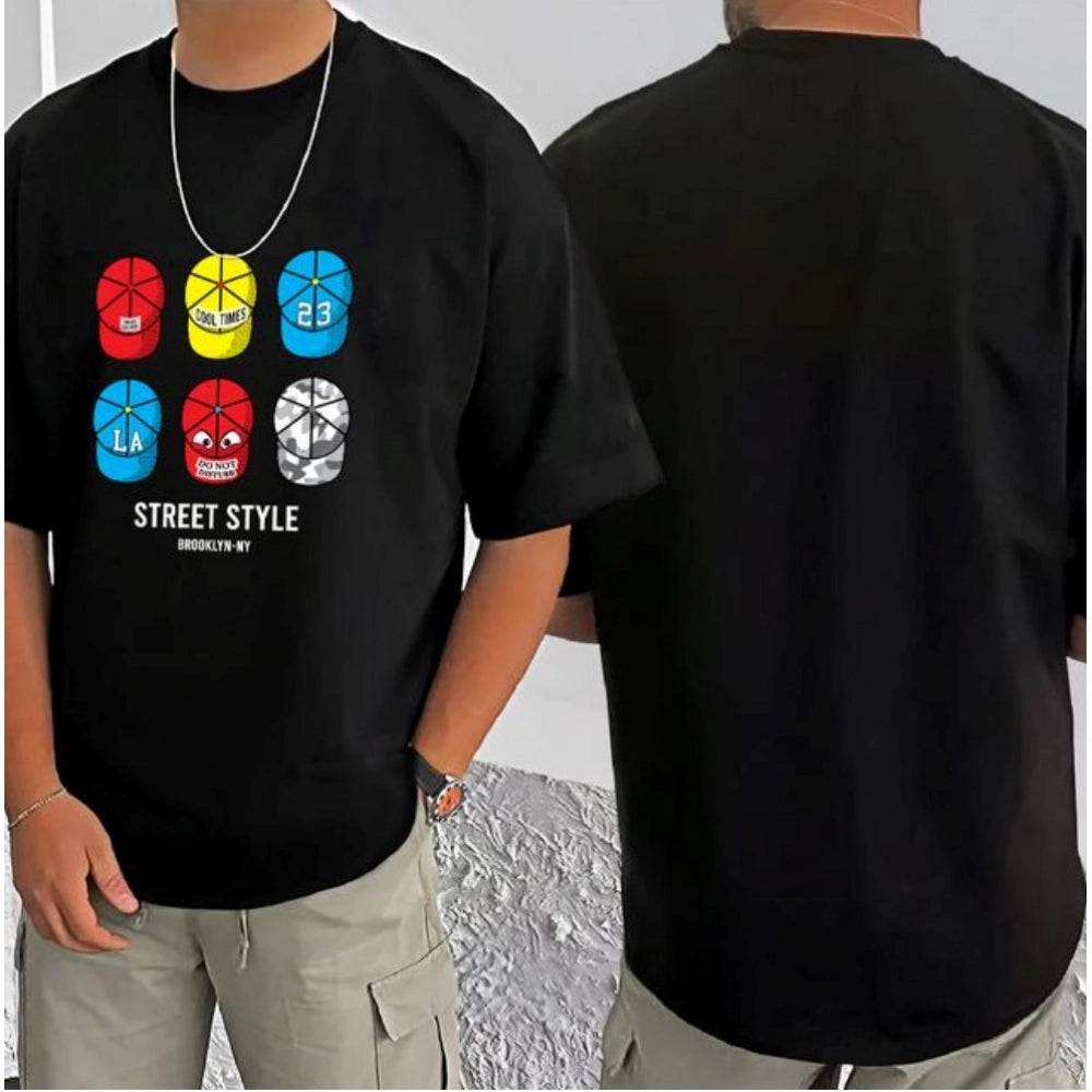 Generic Men's Casual Cotton Blend Printed Round Neck Half Sleeve T-Shirt (Black)