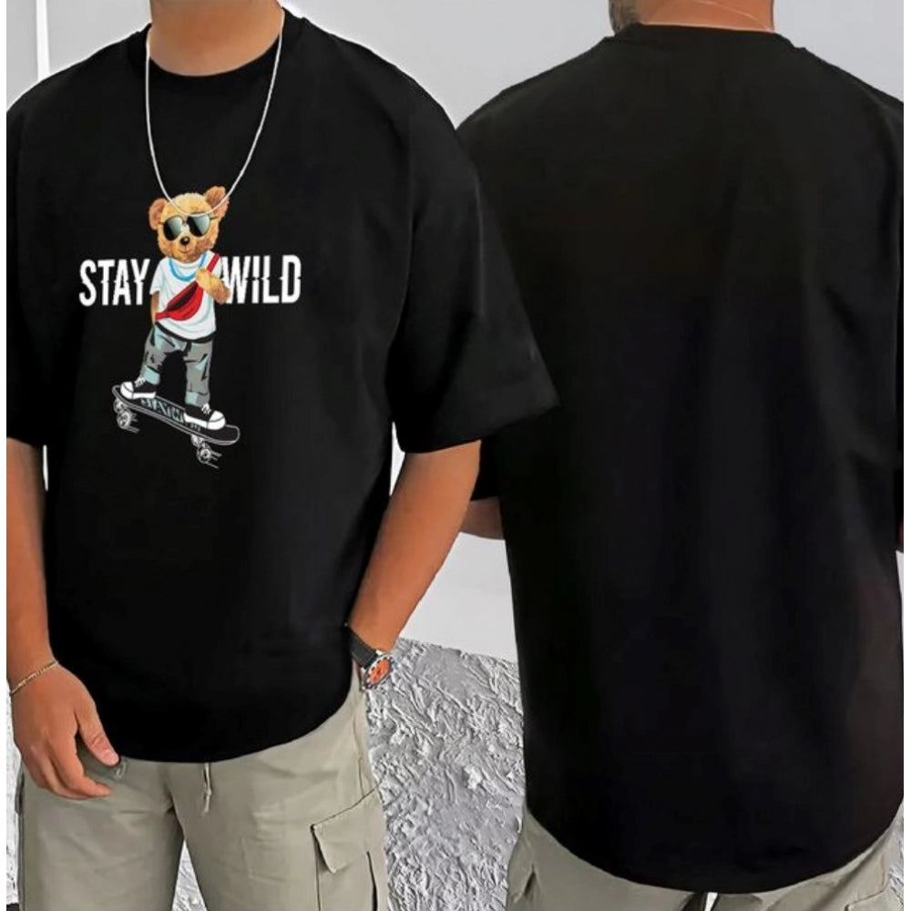 Generic Men's Casual Cotton Blend Printed Round Neck Half Sleeve T-Shirt (Black)