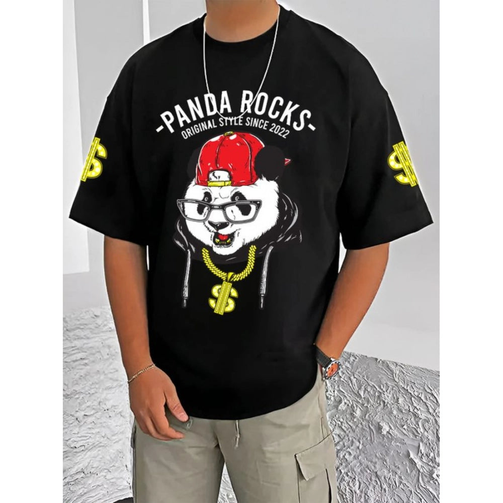 Generic Men's Casual Cotton Blend Printed Round Neck Half Sleeve T-Shirt (Black)