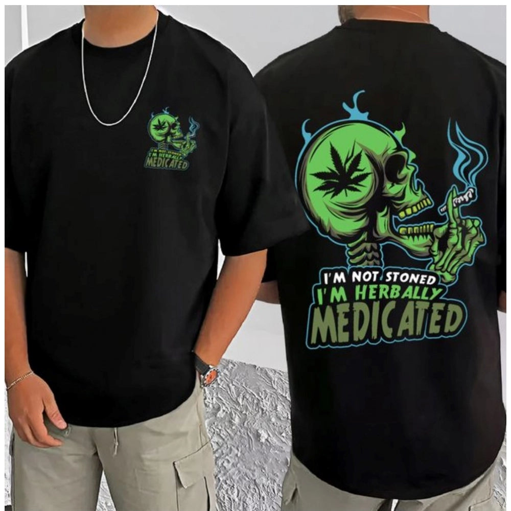 Generic Men's Casual Cotton Blend Printed Round Neck Half Sleeve T-Shirt (Black)