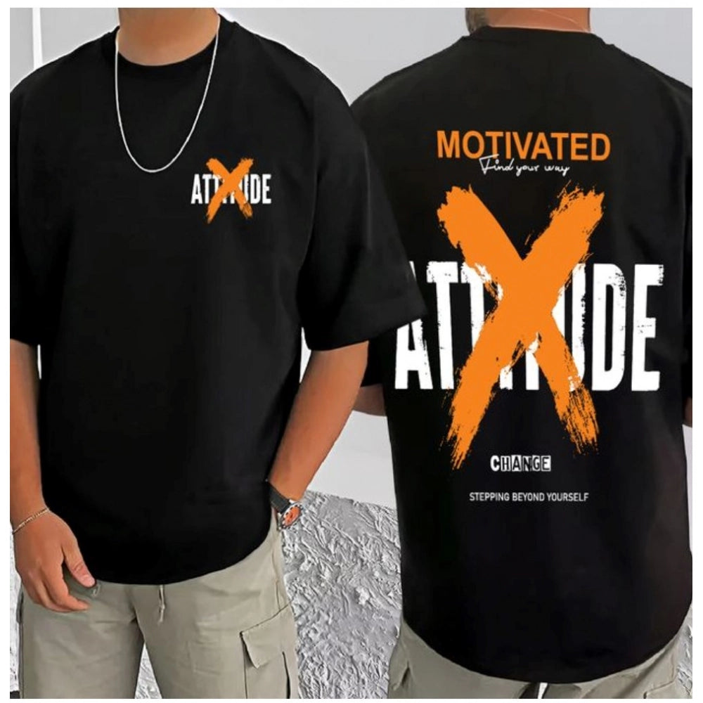 Generic Men's Casual Cotton Blend Printed Round Neck Half Sleeve T-Shirt (Black)