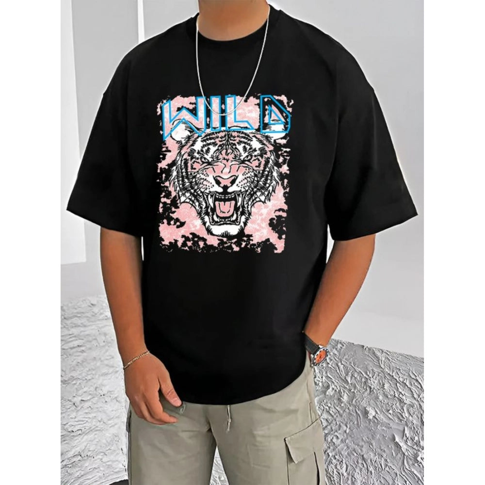 Generic Men's Casual Cotton Blend Printed Round Neck Half Sleeve T-Shirt (Black)