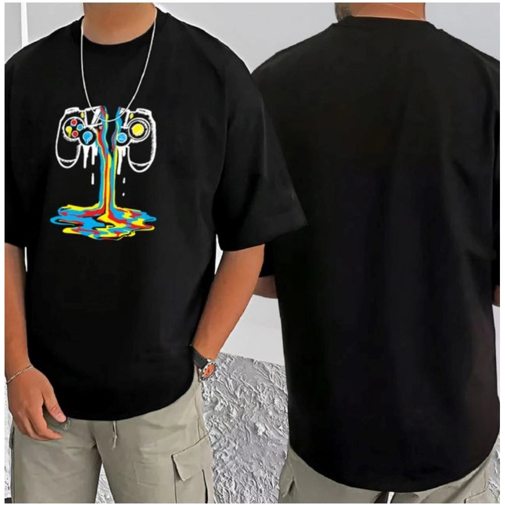 Generic Men's Casual Cotton Blend Printed Round Neck Half Sleeve T-Shirt (Black)