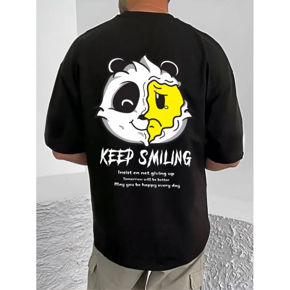 Generic Men's Casual Cotton Blend Printed Round Neck Half Sleeve T-Shirt (Black)