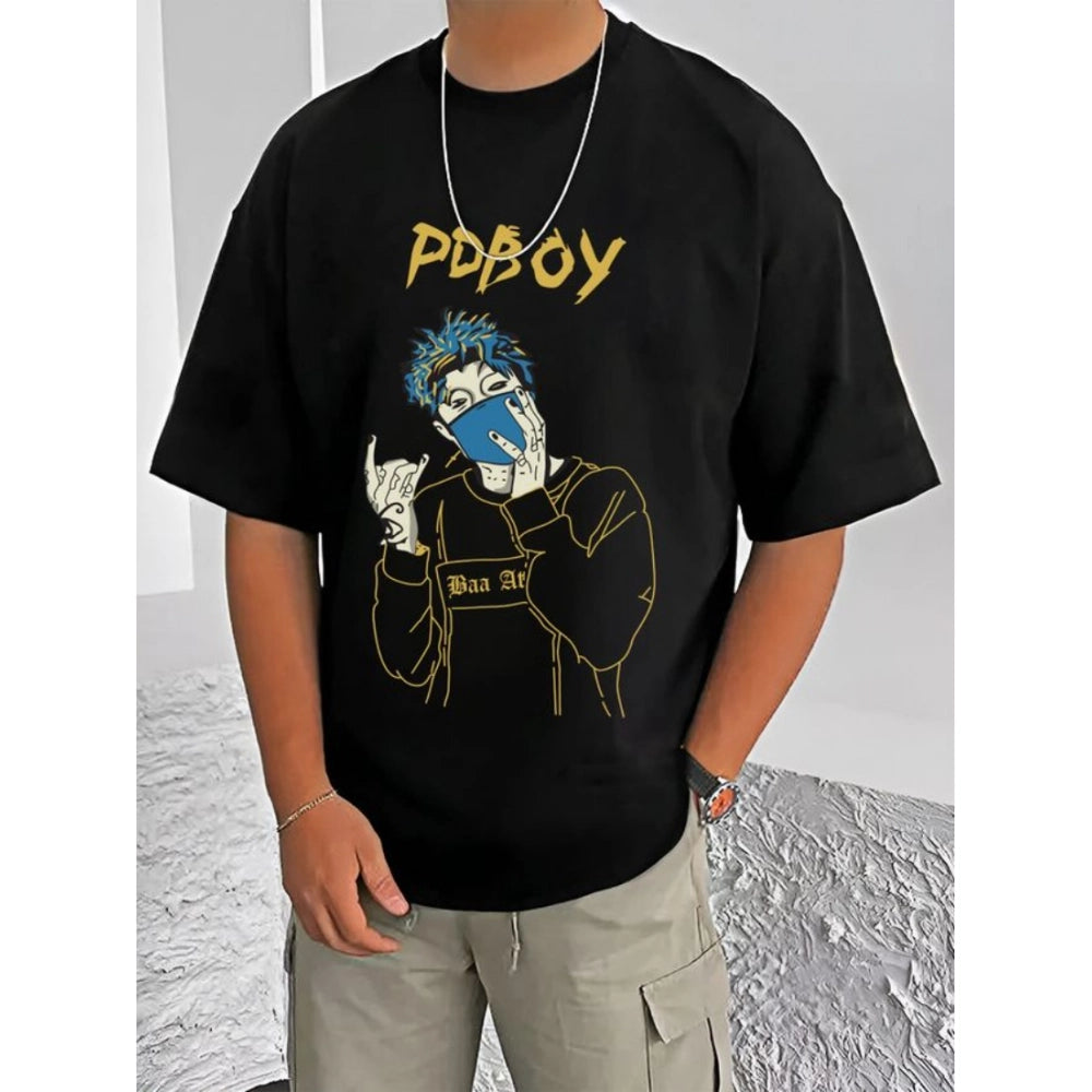 Generic Men's Casual Cotton Blend Printed Round Neck Half Sleeve T-Shirt (Black)