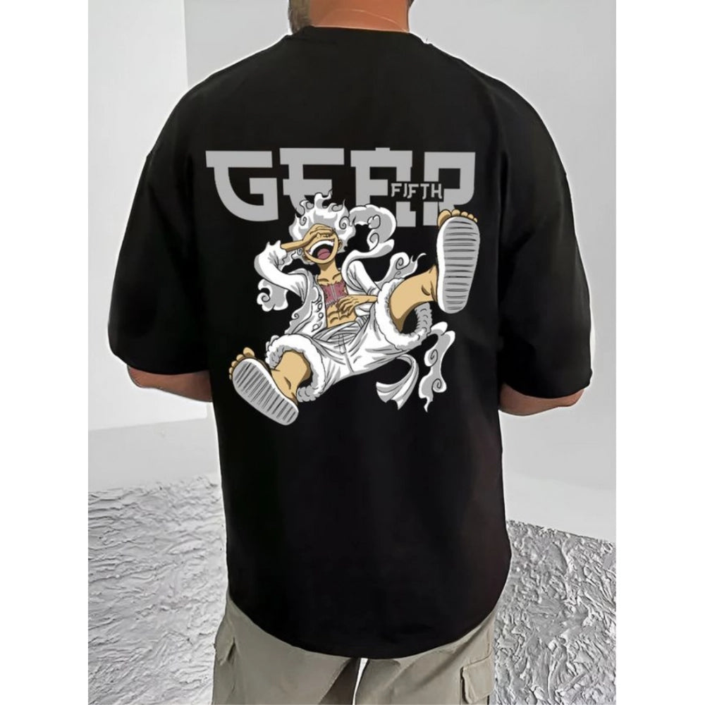 Generic Men's Casual Cotton Blend Printed Round Neck Half Sleeve T-Shirt (Black)