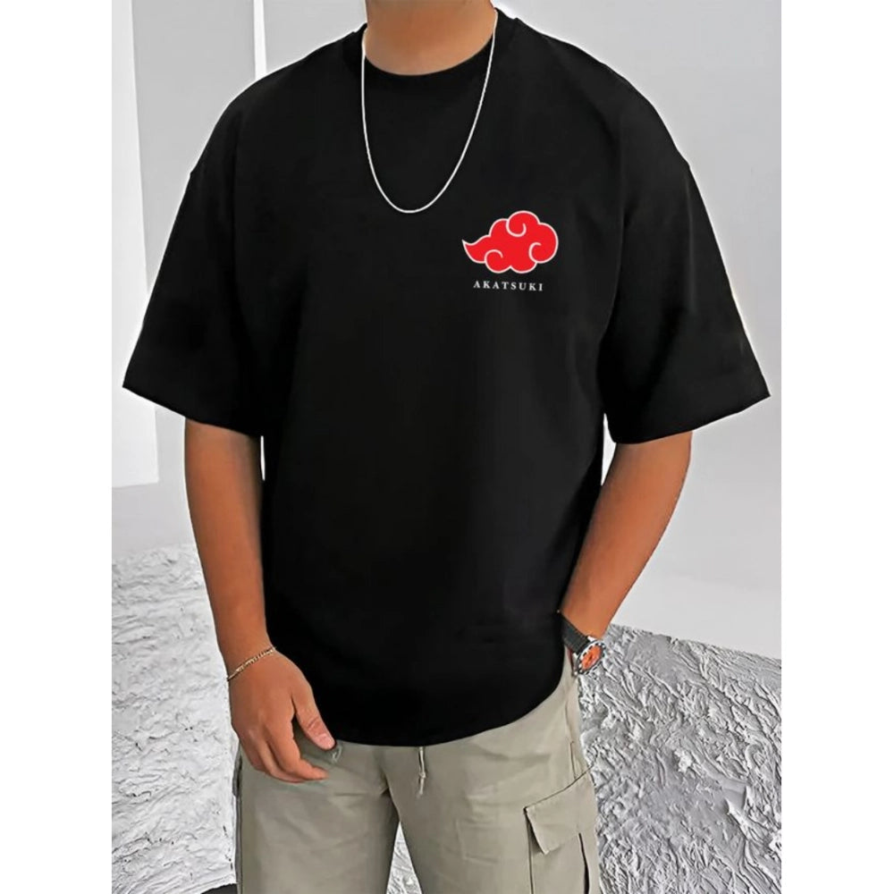 Generic Men's Casual Cotton Blend Printed Round Neck Half Sleeve T-Shirt (Black)