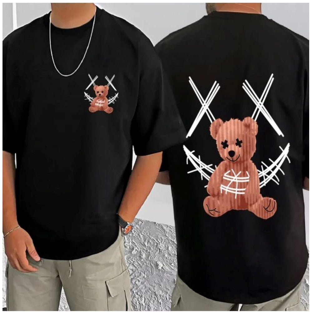 Generic Men's Casual Cotton Blend Printed Round Neck Half Sleeve T-Shirt (Black)