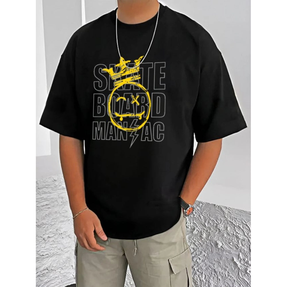 Generic Men's Casual Cotton Blend Printed Round Neck Half Sleeve T-Shirt (Black)