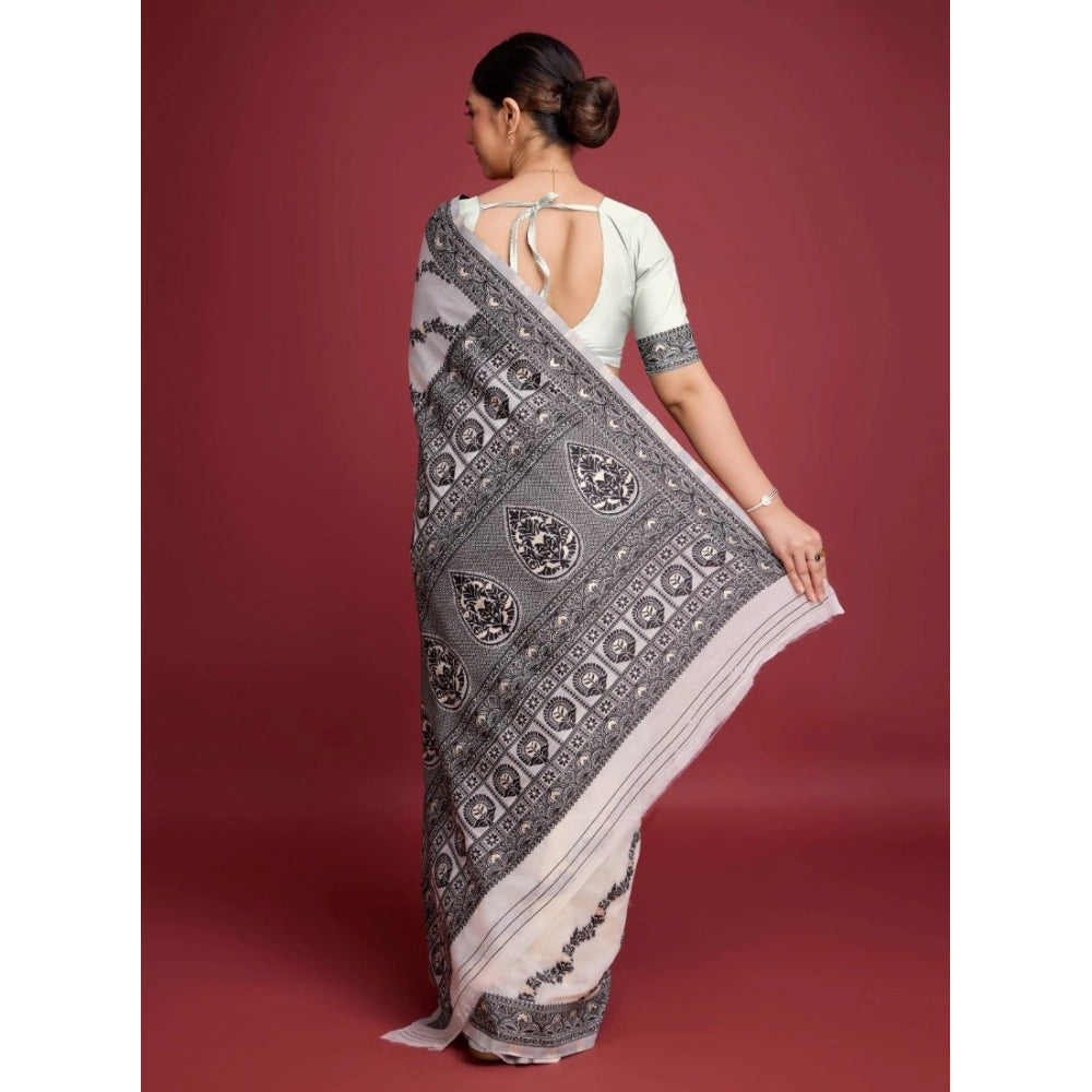 Generic Women's Jamdani Cotton Silk Printed Saree With Unstitched Blouse 5.5Mtr (Black)