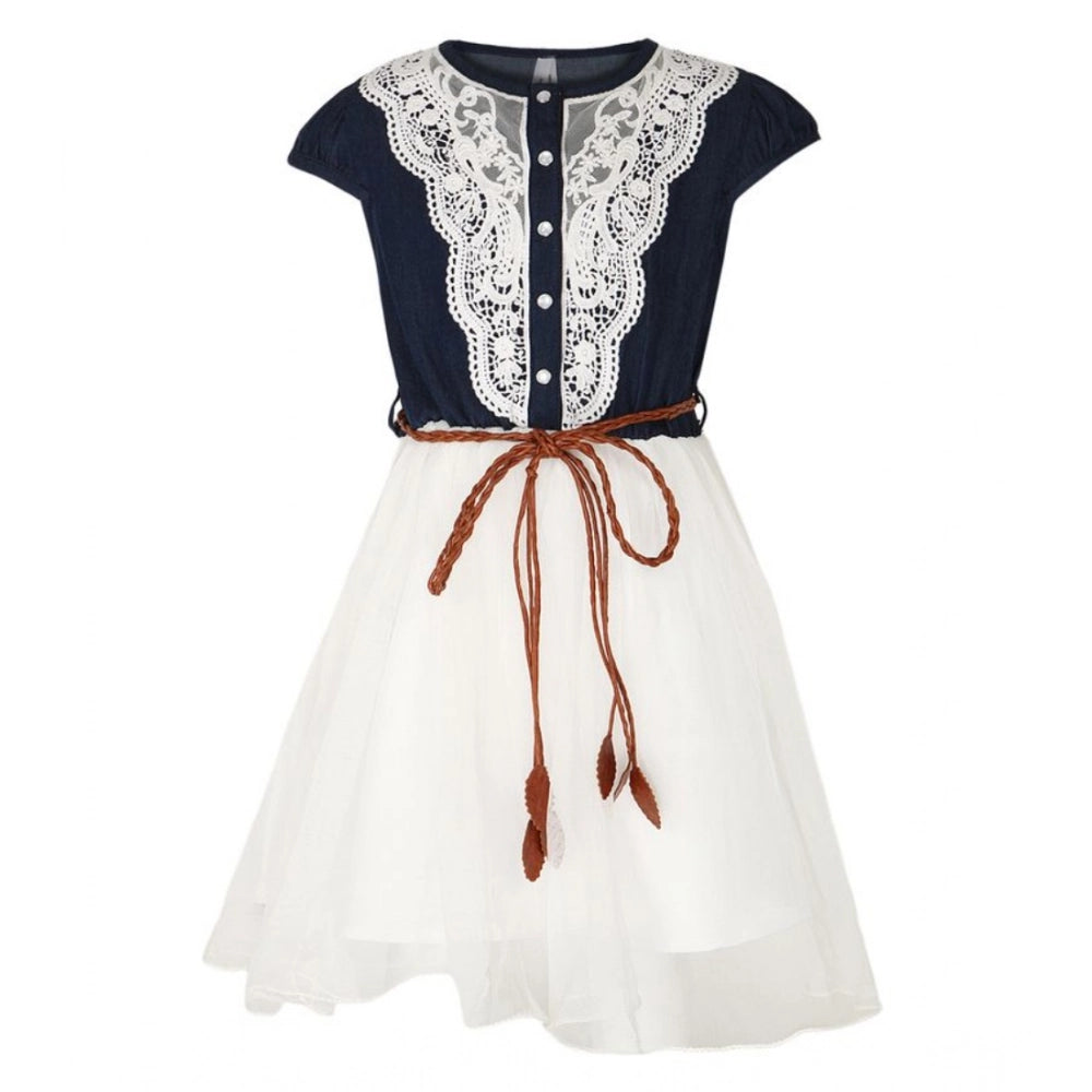 Generic Girl's Denim Embroidery Short Sleeve Round Neck Dress (White)