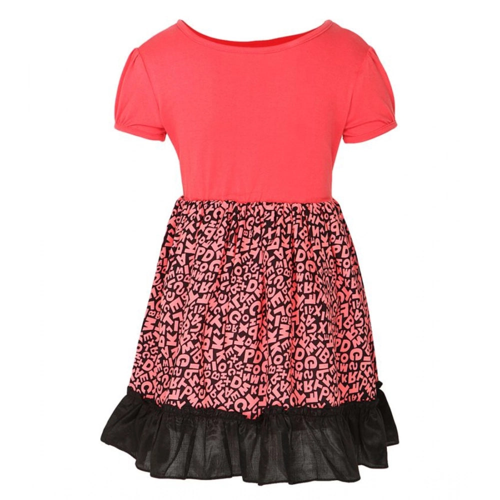 Generic Girl's Polyester Crepe Embellished Short Sleeve Round Neck Dress (Pink)