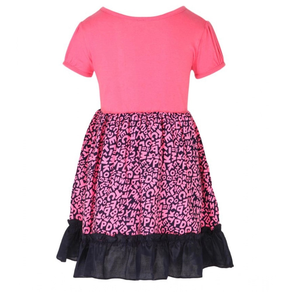 Generic Girl's Polyester Crepe Embellished Short Sleeve Round Neck Dress (Pink)