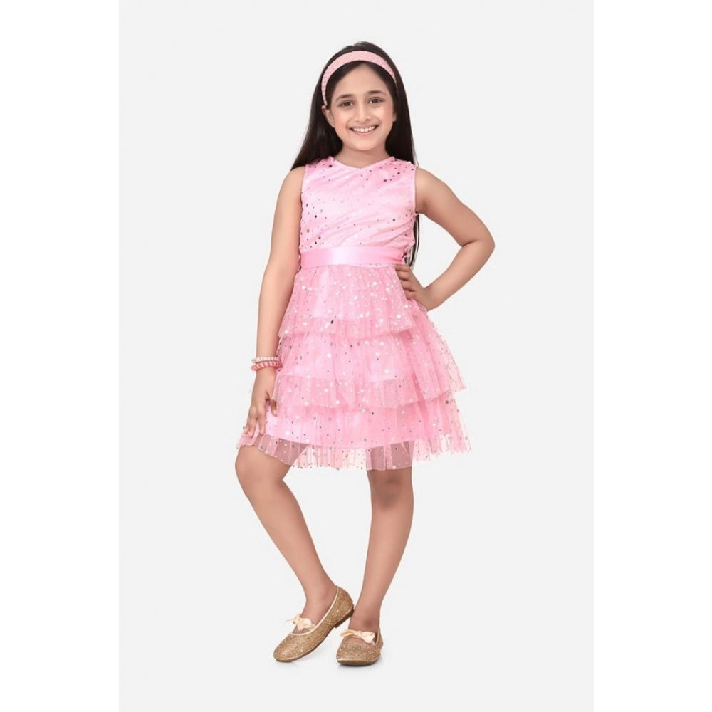 Generic Girl's Net Embellished Sleeveless Round Neck Dress (Pink)