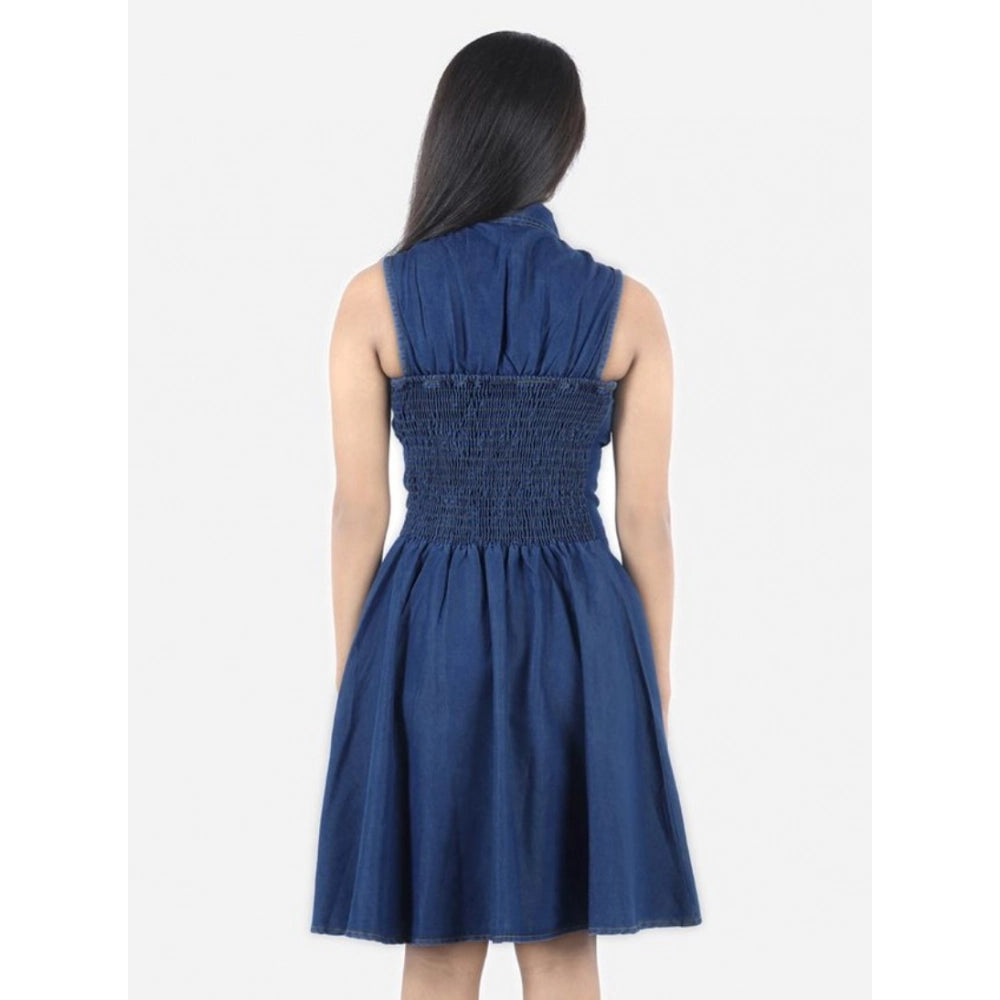 Generic Girl's Denim Solid Sleeveless Shirt collar Dress (Blue)