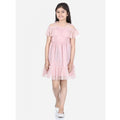 Generic Girl's Polyester Net Embellished Short Sleeve Shoulder Straps Dress (Pink)