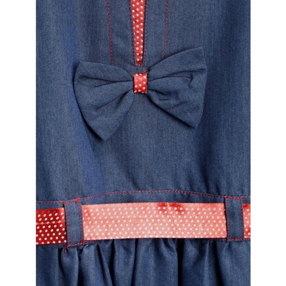 Generic Girl's Denim Solid Sleeveless Round Neck Dress (Blue)