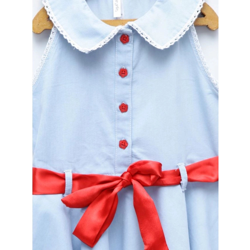 Generic Girl's Denim Lace Solid Sleeveless Shirt collar Dress (Light Blue)