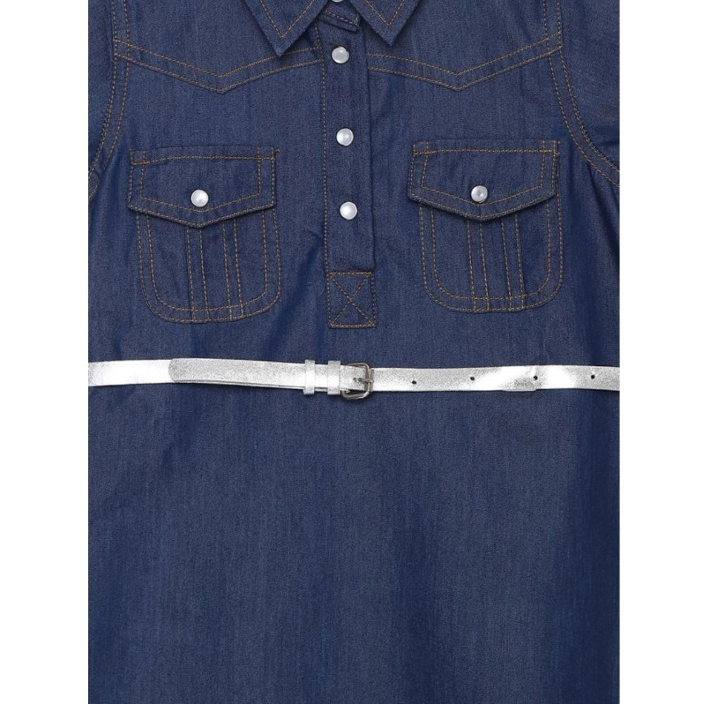 Generic Girl's Denim Solid Short Sleeve Shirt collar Dress (Blue)