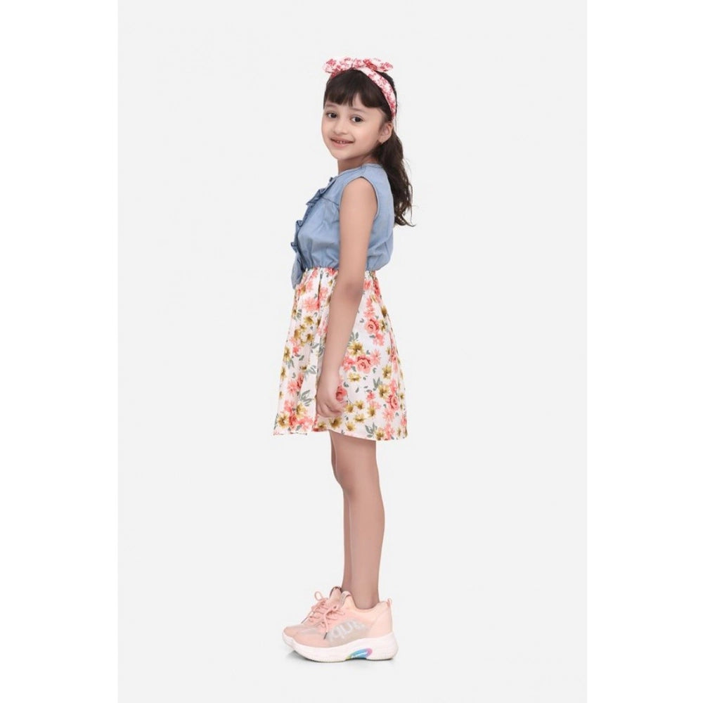 Generic Girl's Denim-Cotton Floral Printed Sleeveless Round Neck Dress (Multicolor)