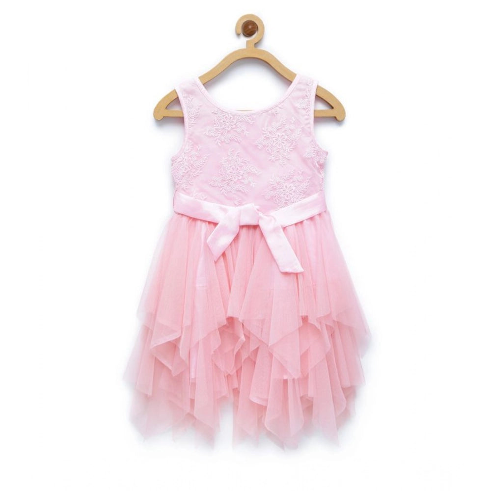 Generic Girl's Polyester  Net Floral Printed Sleeveless Round Neck Dress (Light Pink)