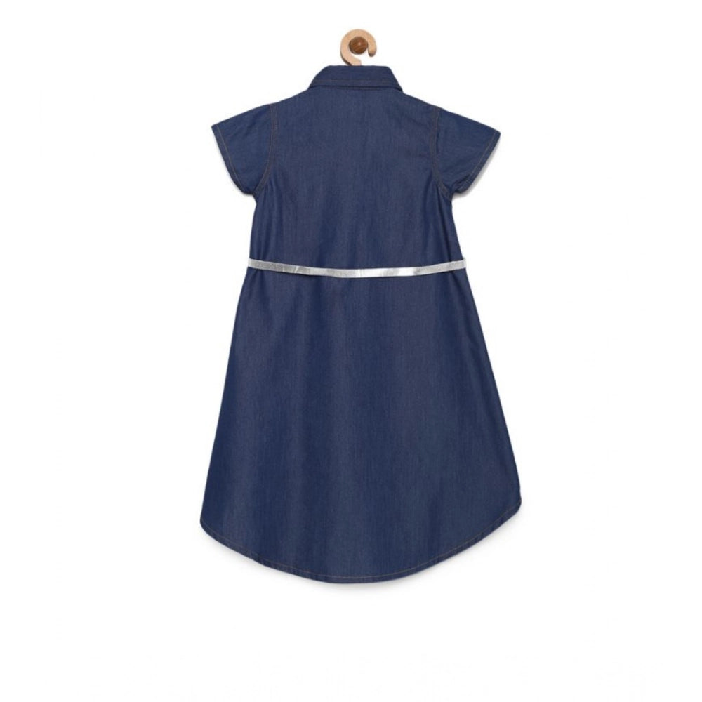 Generic Girl's Denim Solid Short Sleeve Shirt collar Dress (Blue)