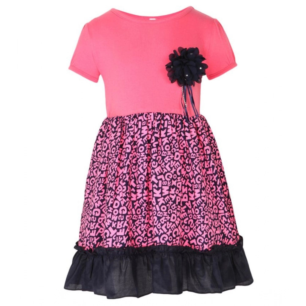 Generic Girl's Polyester Crepe Embellished Short Sleeve Round Neck Dress (Pink)
