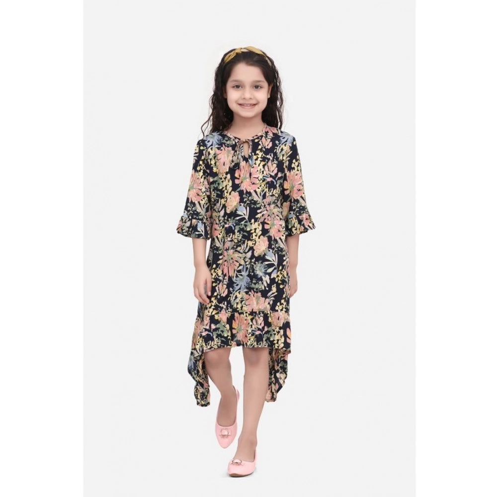 Generic Girl's Rayon Striped Bell Sleeve Round Neck Dress (Multicolor)