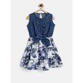 Generic Girl's Denim-Polyester Crepe Solid Sleeveless Round Neck Dress (Blue-White)