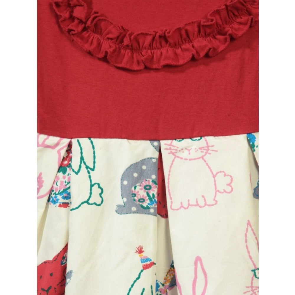 Generic Girl's Cotton Printed Short Sleeve Round Neck Dress (Red-White)