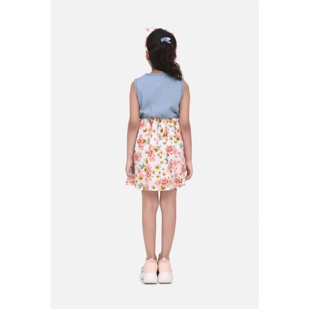 Generic Girl's Denim-Cotton Floral Printed Sleeveless Round Neck Dress (Multicolor)