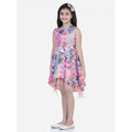 Generic Girl's Polyester Crepe  Net Printed Sleeveless Round Neck Dress (Pink-Blue)