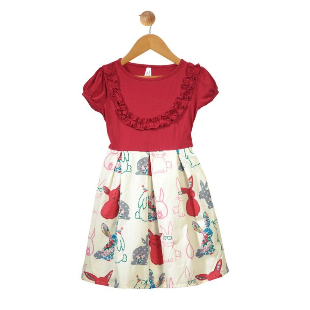 Generic Girl's Cotton Printed Short Sleeve Round Neck Dress (Red-White)